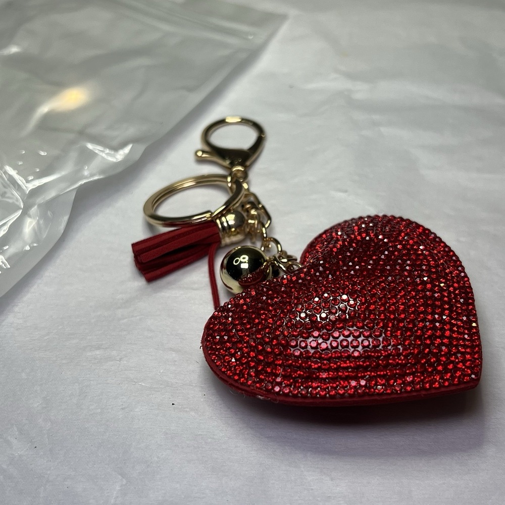 Big HEART Rhinestone TASSEL Gold Clip On KEY RING Red PURSE CHARM‎ Valentine